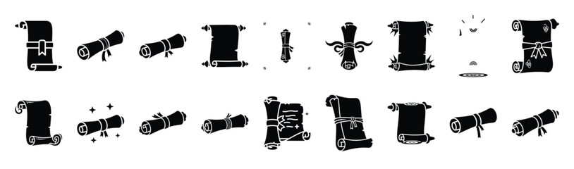 Large collection of  magic scroll silhouette icons. Big set of Halloween Vector illustration. © Krishna