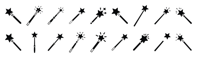 Large collection of  magic wand silhouette icons. Big set of Halloween Vector illustration. © Krishna