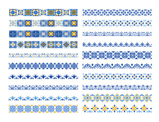 Ornamental borders collection with traditional Azulejo Portuguese tile patterns. Mediterranean ceramic set. Moroccan decorative elements.