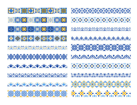 Ornamental borders collection with traditional Azulejo Portuguese tile patterns. Mediterranean ceramic set. Moroccan decorative elements.