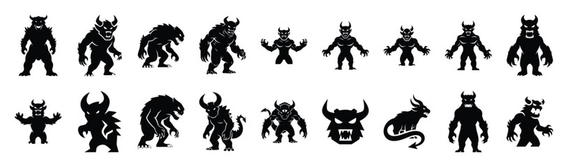 Large collection of  monster silhouette icons. Big set of Halloween Vector illustration. © Krishna