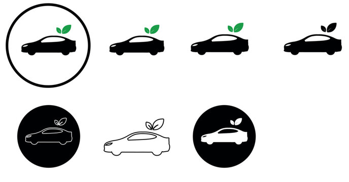 Eco friendly electric car icon set, green leaf vehicle symbols for sustainable transport, minimalist hybrid automobile vector collection