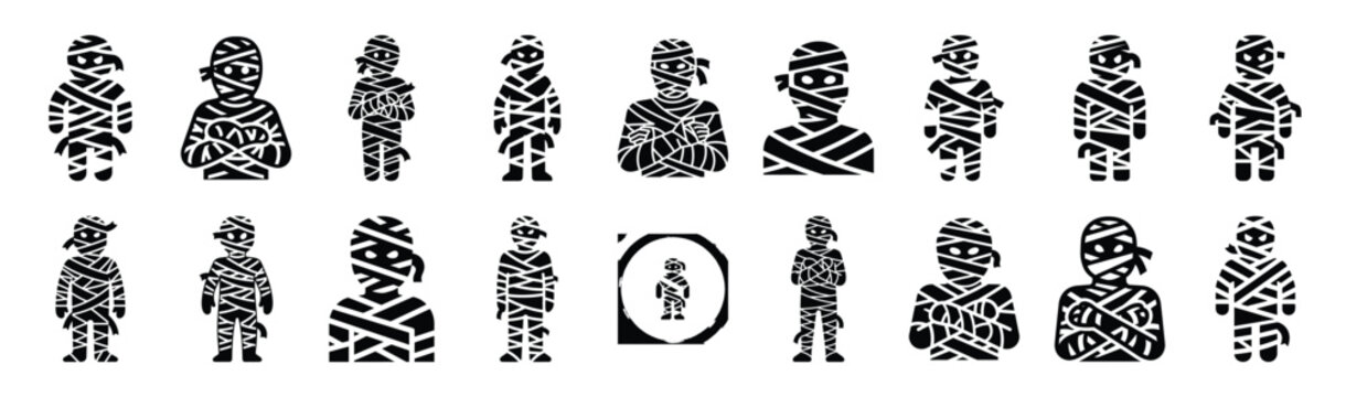 Large collection of  mummy silhouette icons. Big set of Halloween Vector illustration.