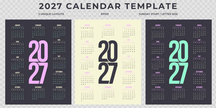 Modern 2027 yearly calendar template, Sunday start, Annual 3 layouts bold neon typography design