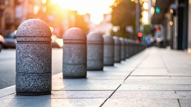 Stone bollards aligned along city sidewalk with urban buildings in soft morning sunlight