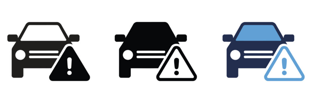 Car warning icon set featuring vehicle exclamation mark, alert triangle, auto hazard signals, caution symbols