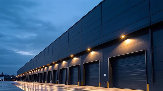 Row of warehouse loading docks with reflective wet pavement during dramatic twilight evening