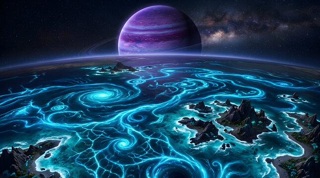 Glowing blue swirling ocean on an alien planet with a large purple ringed planet in the sky