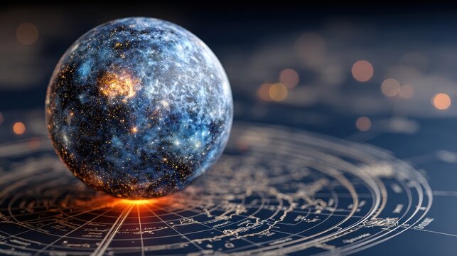 Glowing mercury planet symbol floating over intricate celestial map, showcasing cosmic details and vibrant colors, representing retrograde Mercury concept with copy space