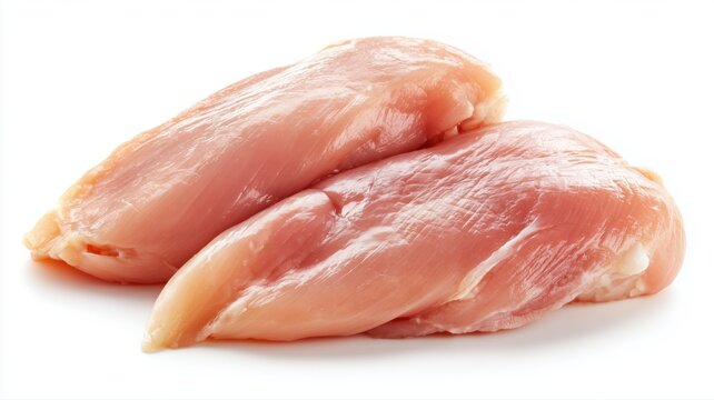 生の鶏むね肉が白い背景に置かれている。料理や食材紹介のシーンに適した素材