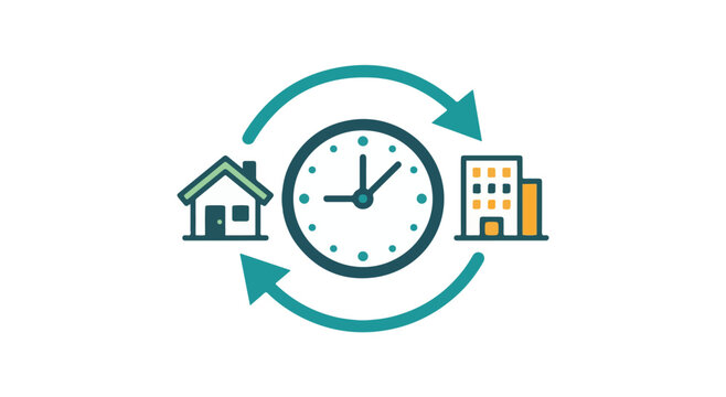 Flat icon of a flexible work schedule clock with house and office building