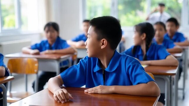 Tracking shot of boy raising hand and turning to look in classroom with classmates at daytime