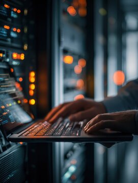 Technician working on laptop in dark server room with glowing equipment lights and digital network data for cybersecurity management and it support