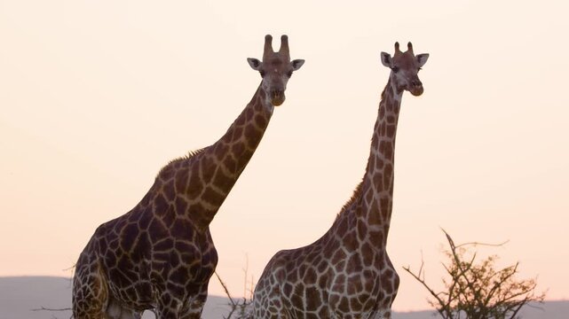 Two northern giraffe (Giraffa camelopardalis), Looking at the camera. South Africa. 