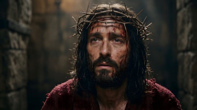 Close-up of Jesus Christ Wearing a Crown of Thorns with Blood on His Face, Depicting His Suffering and Sacrifice for Humanity