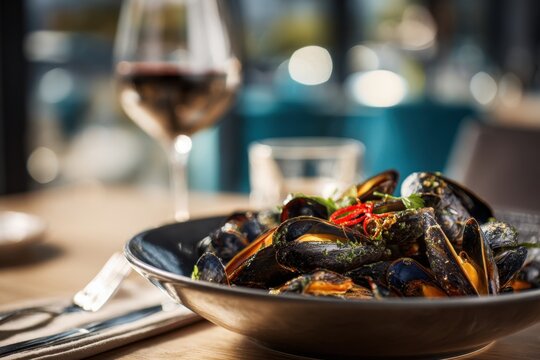 A gourmet bowl of steamed mussels garnished with fresh herbs and chili served with a glass of ros? wine on a wooden table in a cozy dining setting