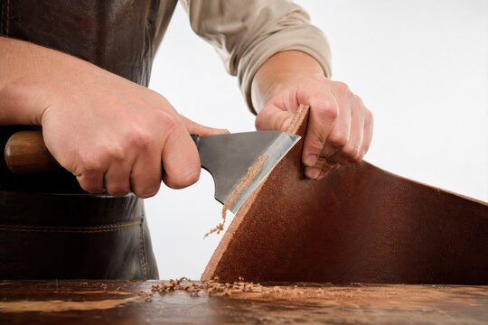 Craftsman using a sharp skiving knife to thin the edge of a thick brown leather piece