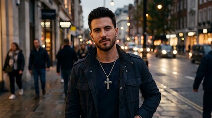 Fototapeta premium Confident Young Man in Stylish Jacket and Cross Necklace on a Bustling City Street at Dusk