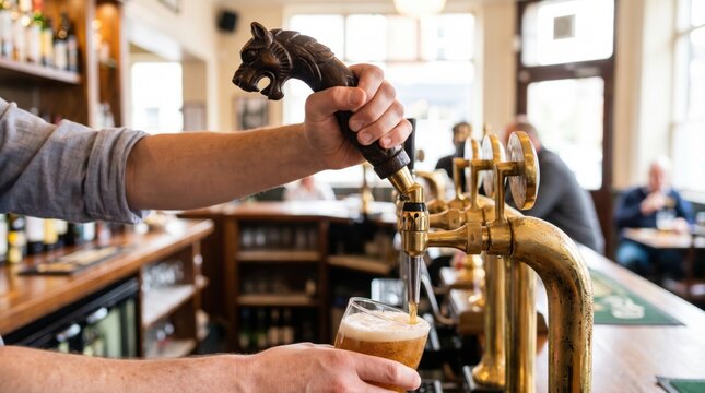 Bartender hand pulling an ornate wooden tap handle to pour a pint of draft beer