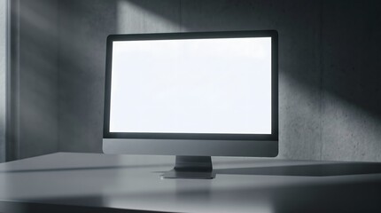 Fototapeta premium Modern Computer Monitor with Blank White Screen Mockup on Minimalist Desk in Dark Room with Shadows