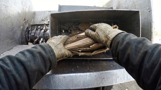 Gloved hands feeding thick cardboard boxes into the metal jaws of an industrial shredder machine