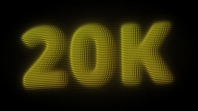 3D Golden 20K, Twenty Thousand Number Particle Animation on Dark Background, Glowing Dot Grid 3D Rotating Milestone Symbol Seamless Loop, 4K