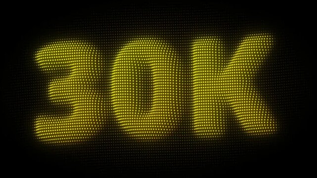 3D Golden 30K, Thirty Thousand Number Particle Animation on Dark Background, Glowing Dot Grid 3D Rotating Milestone Symbol Seamless Loop, 4K