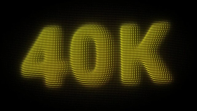 3D Golden 40K, Forty Thousand Number Particle Animation on Dark Background, Glowing Dot Grid 3D Rotating Milestone Symbol Seamless Loop, 4K