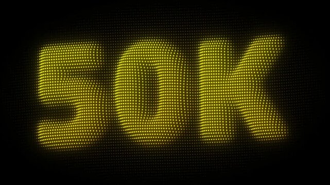 3D Golden 50K, Fifty Thousand Number Particle Animation on Dark Background, Glowing Dot Grid 3D Rotating Milestone Symbol Seamless Loop, 4K