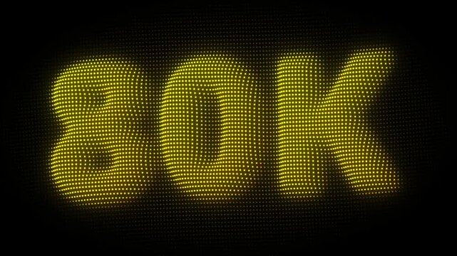 3D Golden 80K, Eighty Thousand Number Particle Animation on Dark Background, Glowing Dot Grid 3D Rotating Milestone Symbol Seamless Loop, 4K
