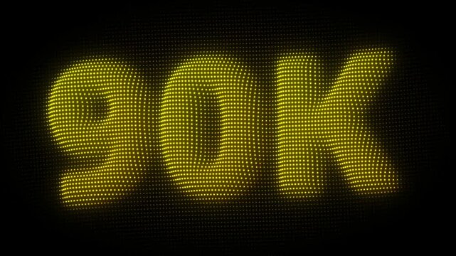 3D Golden 90K, Ninety Thousand Number Particle Animation on Dark Background, Glowing Dot Grid 3D Rotating Milestone Symbol Seamless Loop, 4K