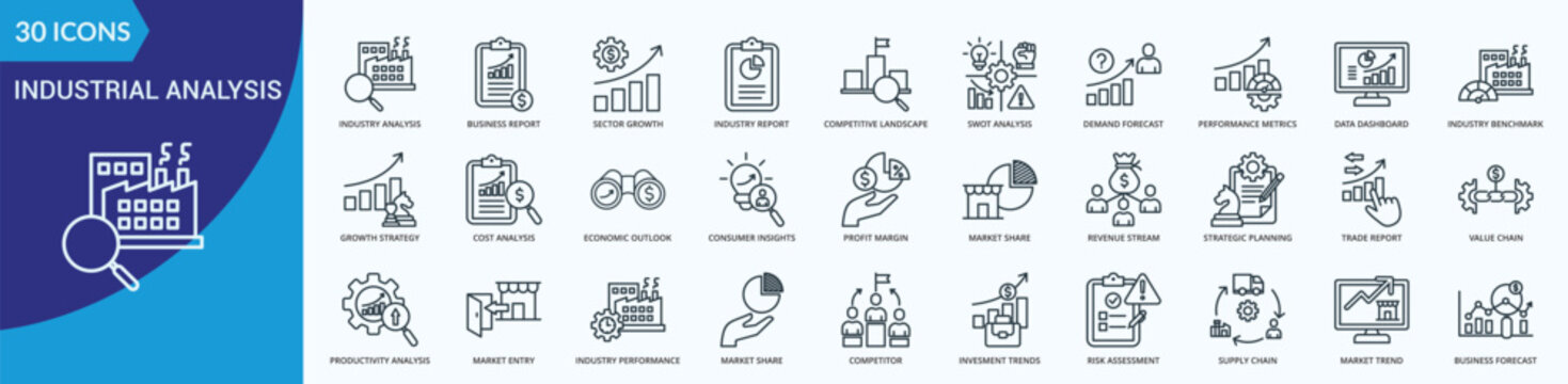 Industrial Analysis Icon Pack Illustration Vector Outline Style
