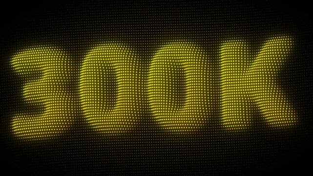 3D Golden 300K, Three Hundred Thousand Number Particle Animation on Dark Background, Glowing Dot Grid 3D Rotating Milestone Symbol Seamless Loop, 4K