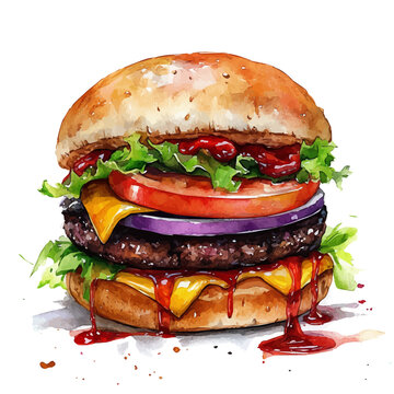 Hamburger, playful watercolor vector painting with subtle shadowing and soft gradients, isolated on a white background.