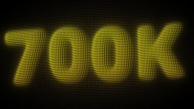 3D Golden 700K, Seven Hundred Thousand Number Particle Animation on Dark Background, Glowing Dot Grid 3D Rotating Milestone Symbol Seamless Loop, 4K