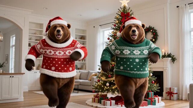 Two anthropomorphic bears wearing Santa hats and festive holiday sweaters dancing in a decorated living room. Happy animated animals celebrating Christmas