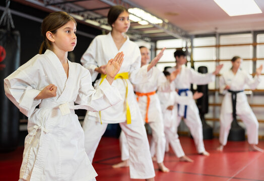 Group of children and teenagers practicing karate technique in gym