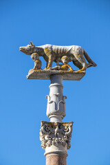 Obraz premium Statue of the Capitoline Wolf with Romulus and Remus in Siena Tuscany Against Clear Blue Sky