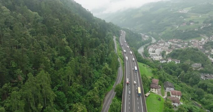 Aerial of a highway in Klausen (Chiusa), Province of Bolzano, Italy