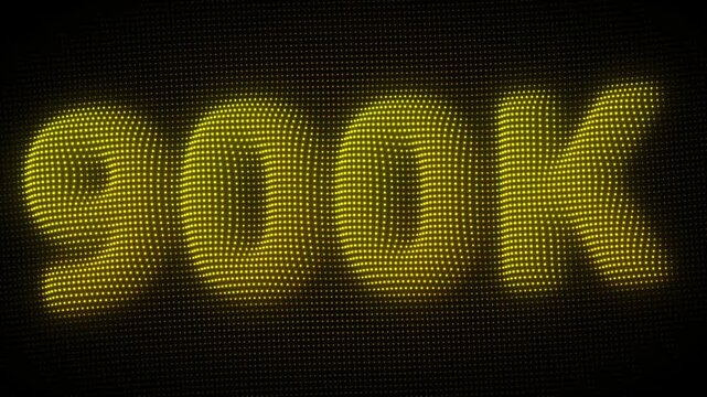 3D Golden 900K, Nine Hundred Thousand Number Particle Animation on Dark Background, Glowing Dot Grid 3D Rotating Milestone Symbol Seamless Loop, 4K