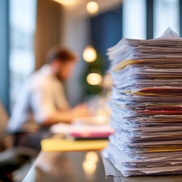 Large stack of paperwork with a blurred office worker in the background managing documents in a modern workplace environment with warm ambient lighting