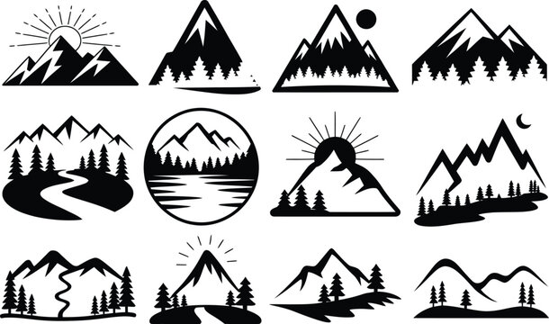 Set of twelve black and white mountain landscape featuring pine forests, sunbursts, rivers, crescent moons, and jagged peaks in a minimalist style