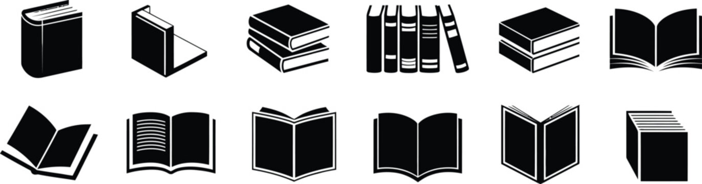 Set of twelve black and white book featuring various orientations, including open books, stacked volumes, upright rows, and closed hardcover books in a minimalist style