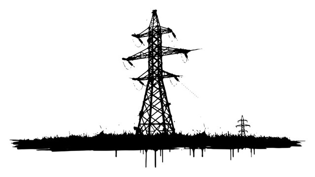 High voltage electricity pylon silhouette in landscape minimalist style