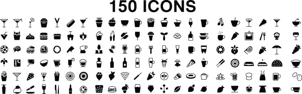 Collection of 150 black silhouette featuring various food, drinks, beverages, snacks, fruits, vegetables, and kitchen utensils arranged in a grid pattern on a white background