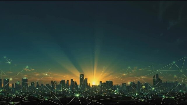 Aerial view of Smart digital Innovation city with connection network reciprocity over the cityscape. of future smart wireless digital city and social media networking systems that connects