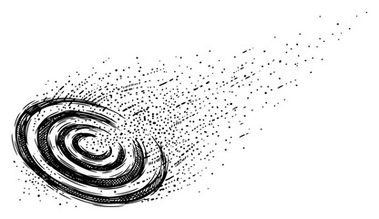 Abstract swirling vortex with stippled particle tail in vintage dot work style © Aisha Kudorova