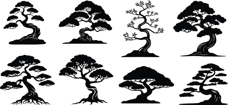 Set of eight black silhouette of bonsai trees with twisted trunks, layered foliage, and exposed roots, isolated on a white background, featuring various japanese gardening styles