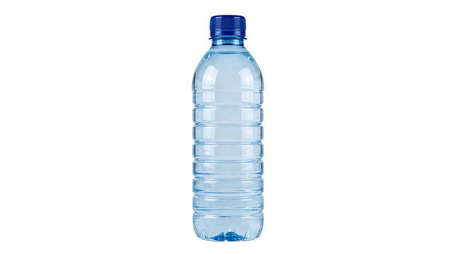 Empty clear plastic water bottle with blue cap