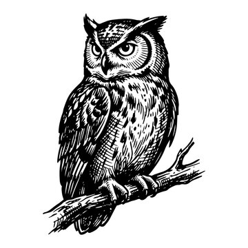 Great horned owl perched on a tree branch in vintage engraving style